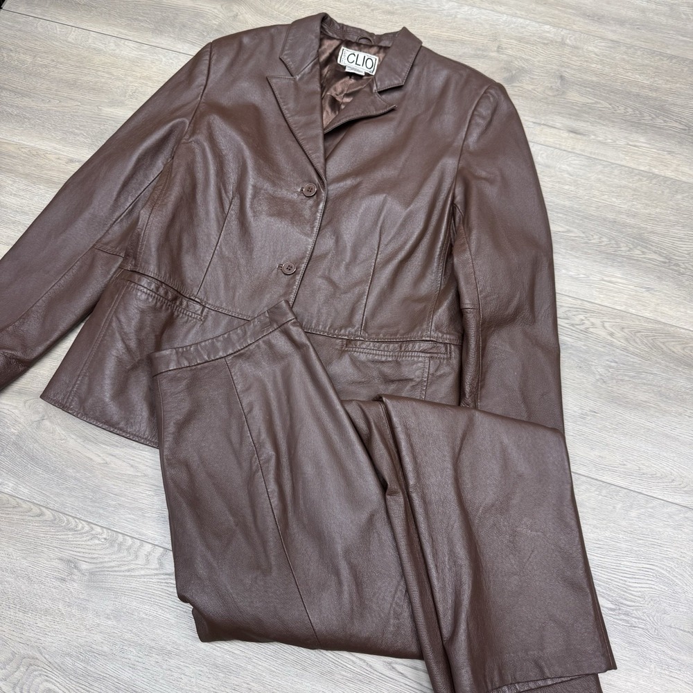 Vintage Clio 80s Leather Blazer Pants Set Womens Jacket‎ Brown Chic Biker Size M